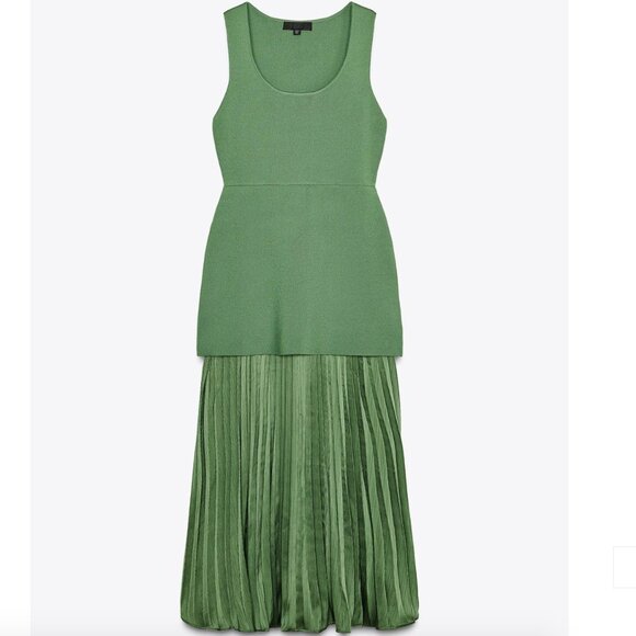 ZARA GREEN PLEATED KNIT COMBINATION DRESS - Picture 3 of 5